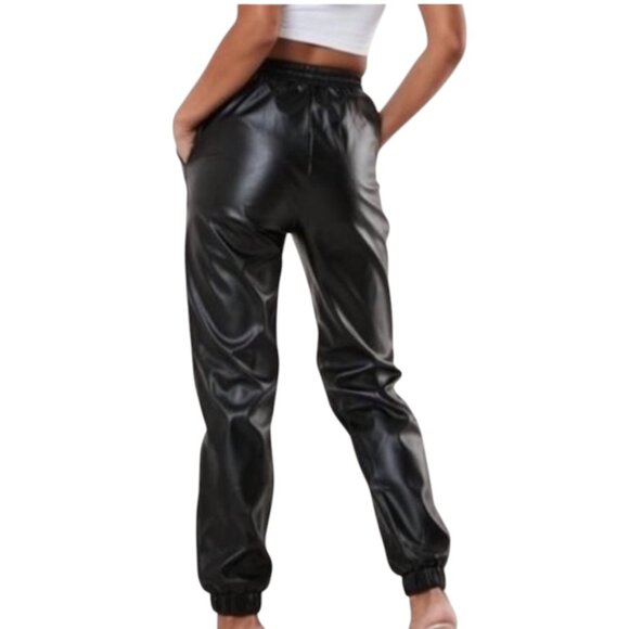 MISSGUIDED VEGAN LEATHER JOGGERS BLACK FIERCE HOLLYWOOD SZ 4 - Picture 1 of 8